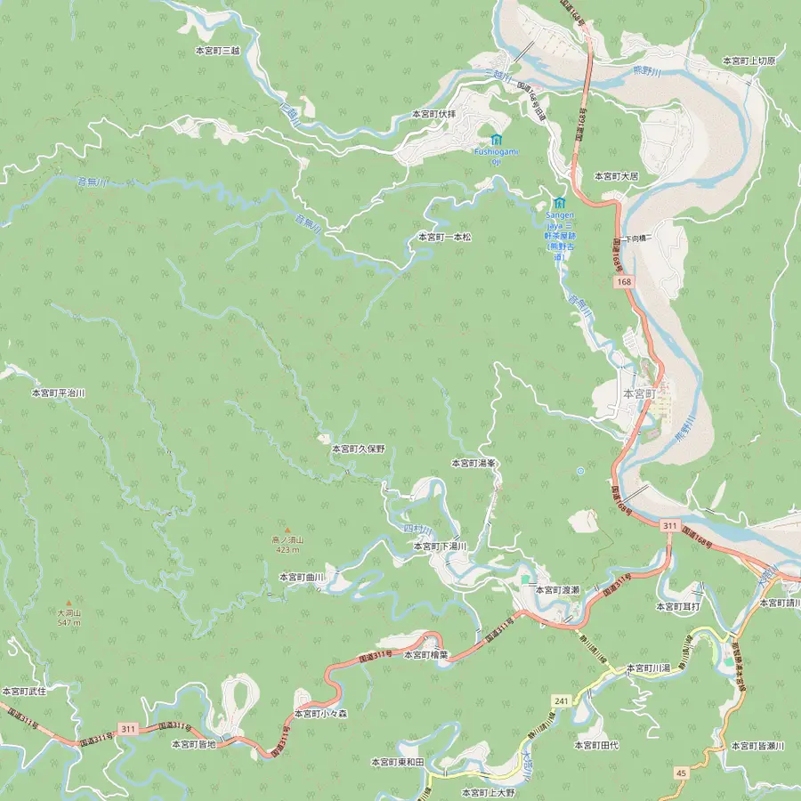 Map of the Hongu area with Hosshinmon-oji, Fushiogami-oji, Kumano Hongu Taisha, Oyunohara and the Yunomine, Wataze and Kawayu hot springs