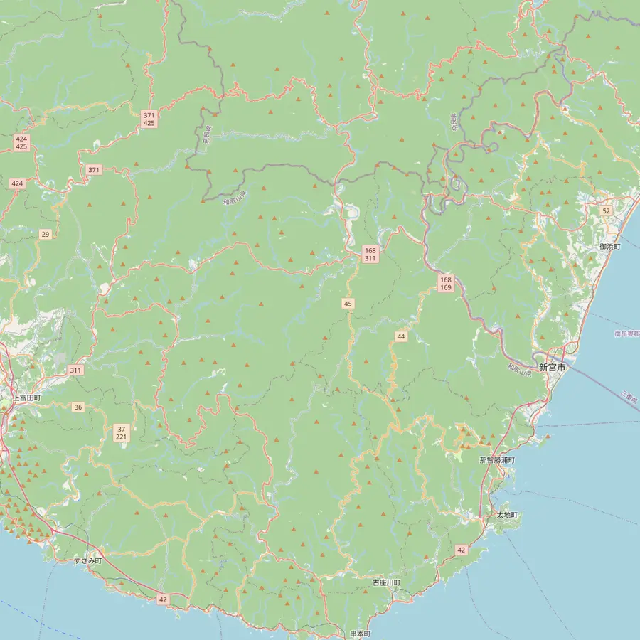 Map of the Nakahechi route from Takijiri-oji to Kumano Hongu Taisha, Koguchi, Kumano Nachi Taisha and Hayatama Taisha